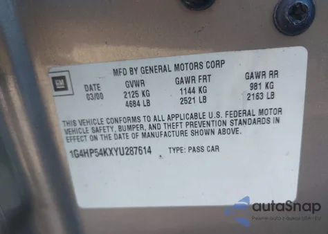 2000 Buick Lesabre Custom из США, поврежденный, VIN 1G4HP54KXYU287614